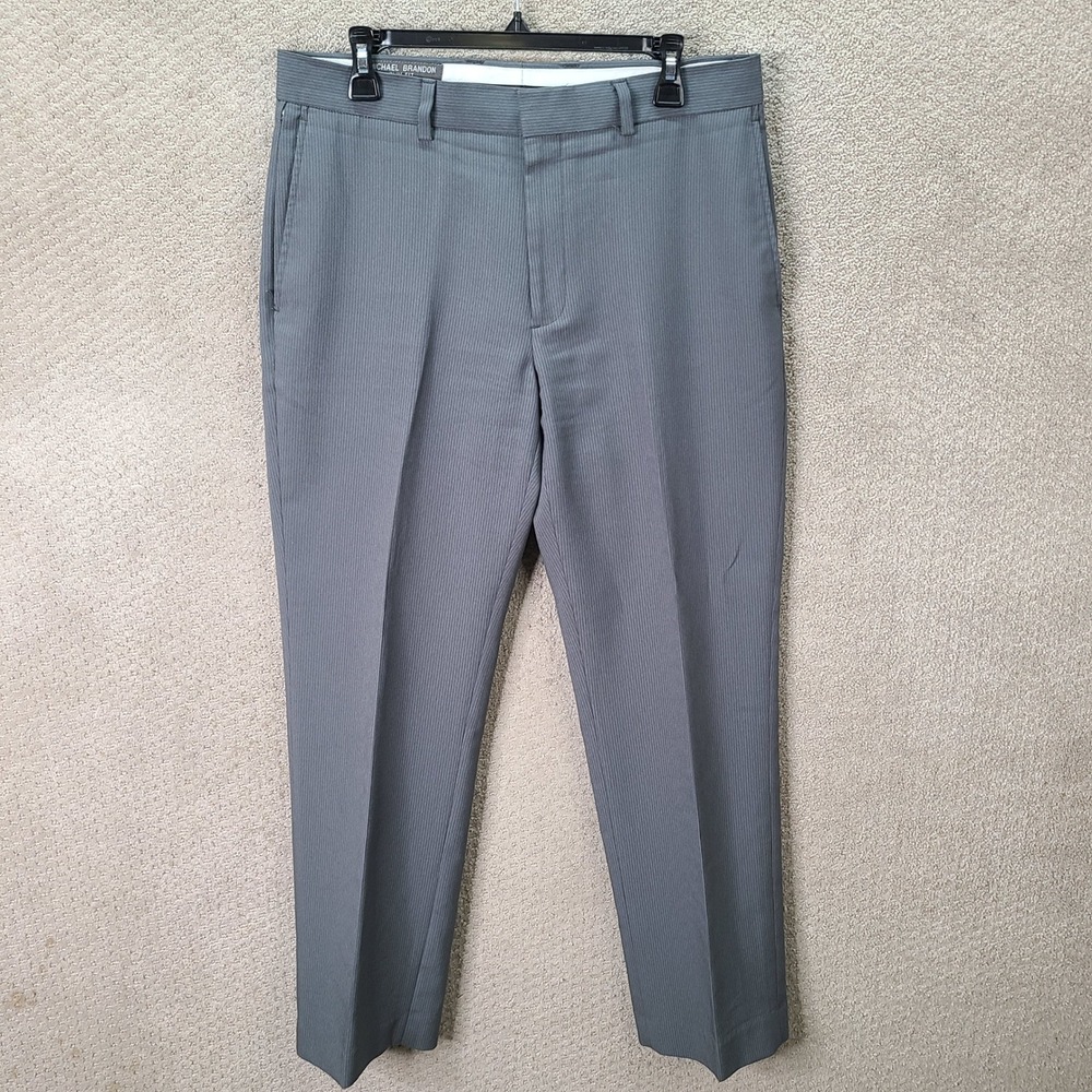 Michael Brandon Pants Mens 34x30 Gray Striped Slim Fit Polyester Dress Casual